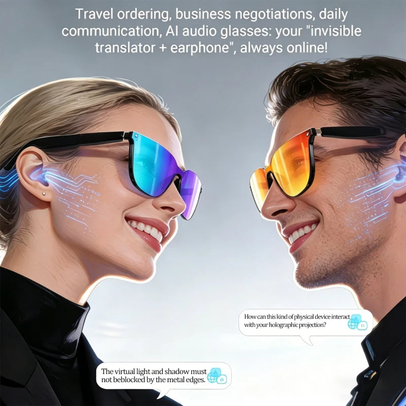 AI smart glasses with built-in translation for over 100 languages; transparent, blue-light-blocking, wireless ; magnetic clip-on ; translation controlled via an app; built-in speakers; 360 °   stereo sound