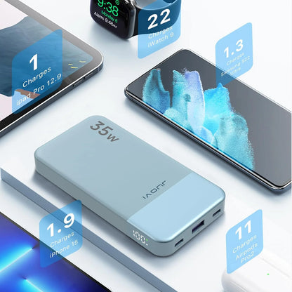 JUOVI Power Bank 10000mAh 35W External Battery Quick Charge Portable Charger PD 3.0 and QC 4.0 USB C Portable Battery for iPhone 17 16 15 14 13 Series Galaxy Tablets Etc