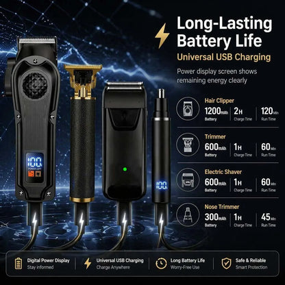 4 in 1 Men's Hair Clipper Set, Cordless Electric Trimmer, Foil Shaver & Nose Trimmer Kit,Beard Cutter, USB Rechargeable Grooming Kit with LED Display, Multiple Guide comb