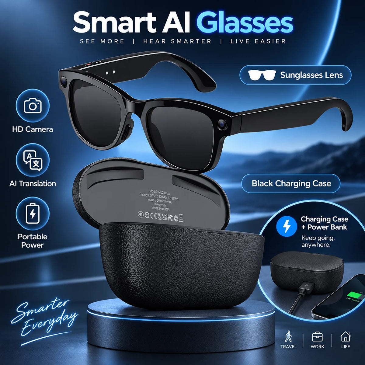 2026 Smart AI Glasses 1080P HD Camera M02 Ultra ChatGPT 3600mAh Charging Case Power Bank 32GB Translation Music Video Sunglasses