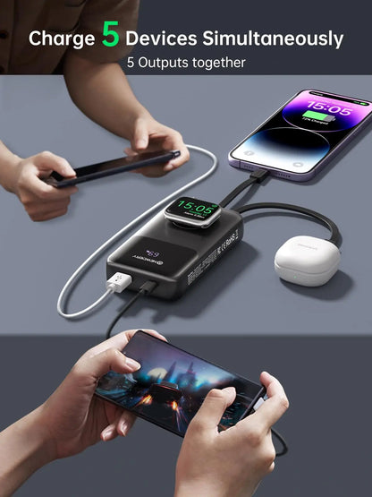 NEWDERY Portable Charger 10000mAh Power Bank for Apple Watch 20W Fast Charging Built-in USB-C Cable Battery Pack for Apple Watch, iPhone 17 16 15 14 13, Samsung etc