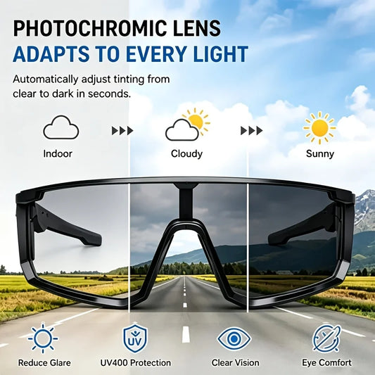 SMART PROTECTIVE GLASSES, AI REAL‑TIME TRANSLATION WORK GLASSES SUPPORT 160 LANGUAGES, PHOTOCHROMIC LENSES WITH BUILT‑IN MICROPHONE AND SPEAKER, MUSIC PLAYBACK FOR OUTDOOR SPORTS AND INDOOR WORK DAILY USE