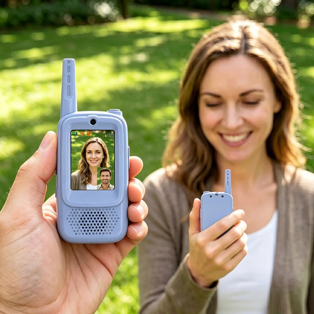 FUNNY PANDA Video Walkie Talkie with 4 Funny Voice Effects, No WiFi Needed, Long Range 600FT Outdoor, HD Camera, USB C Charging, 650mAh Battery, Auto Pair, Channel Lock - Perfect Gift for Explorers