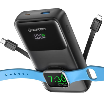 NEWDERY Portable Charger 10000mAh Power Bank for Apple Watch 20W Fast Charging Built-in USB-C Cable Battery Pack for Apple Watch, iPhone 17 16 15 14 13, Samsung etc