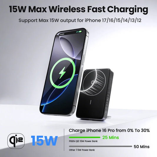 PISEN PD 30W Qi2 15W Wireless Magnetic Power Bank 10000mAh With Stand Fast Charging Powerbank For MagSafe iPhone 17 16 15 14