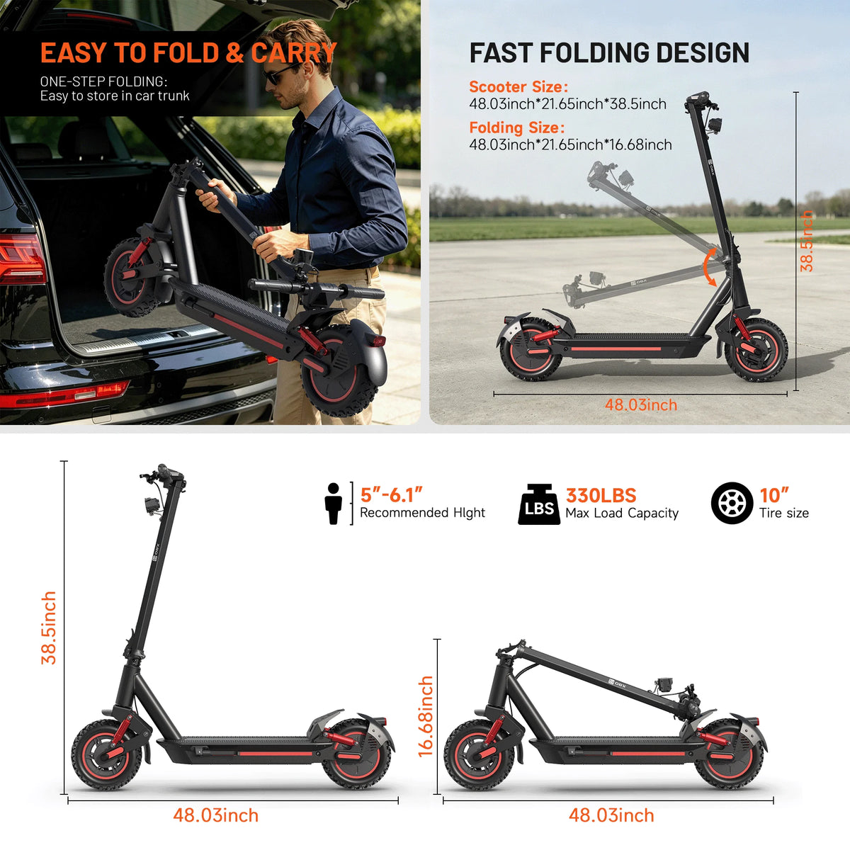 OBX Foldable Smart Electric Scooter for Commuting 48V 1200W Motor Escooter 30 Miles+ Long Range Smart Adult 10'' Electric Scooter for APP