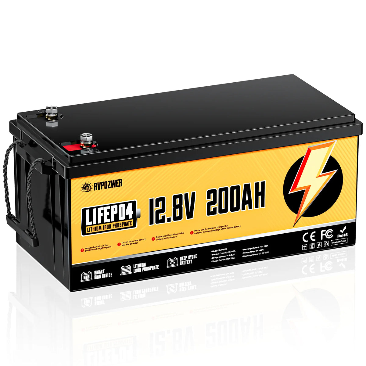 RVPOZWER LiFePO4 Lithium Battery 12V 200Ah Built-in 200A BMS Portable, Deep Cycle, Long Lifespan 2560WH For RV, Marine, Travel Trailer, Camper, Off-grid Solar Application