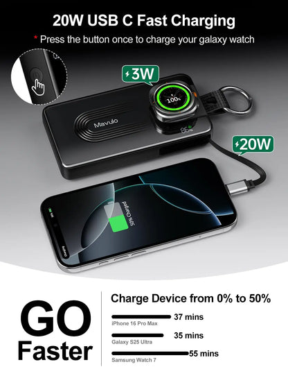 10000mAh Portable Charger for Samsung Galaxy Watch 6/6 Classic/5 Pro/4/3 Active 2/1 Power Bank 20W Fast Charging Retractable USB-C Cable Keychain Design LED display Travel Essentials Battery Pack for iPhone 15-17 Series