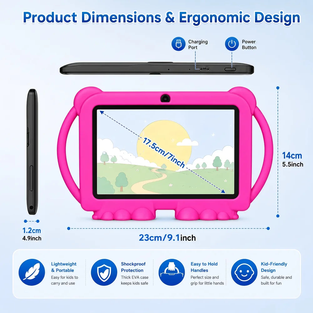 7" Kids Tablet with Parental Control & Shockproof Case, Android 14, 2GB+32GB, 2.4G WiFi, GMS Certified, Eye Protection Display, Dual Camera, Pre-installed Educational Apps & Games for Toddlers