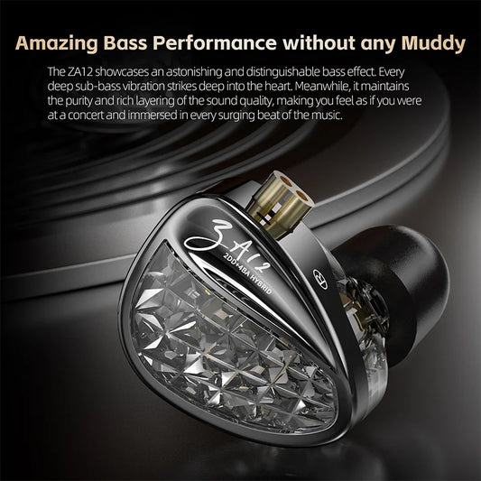 KZ ZA12 In Ear Earphones Wired IEM Headphones 2DD 4BA Hybrid Earbuds With 4 Step Tuning Switch Silver Plated Detachable Cable HiFi Audio For Audiophiles Musicians Gaming