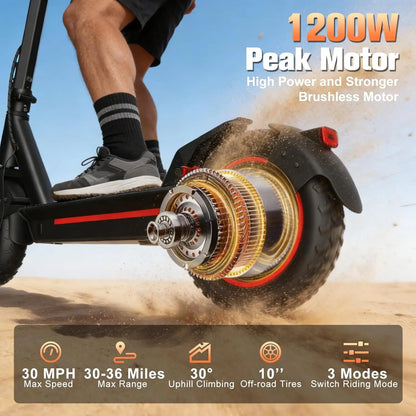 OBX Electric Scooter for Adults 1200W Powerful Motor 31Miles Long Range Dual Braking System 30Mph Max Speed 10'' Foldable E Scooter with APP Control