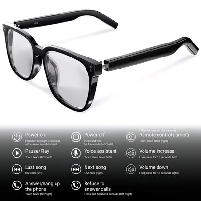 AI smart glasses with built-in translation for over 100 languages; transparent, blue-light-blocking, wireless ; magnetic clip-on ; translation controlled via an app; built-in speakers; 360 °   stereo sound