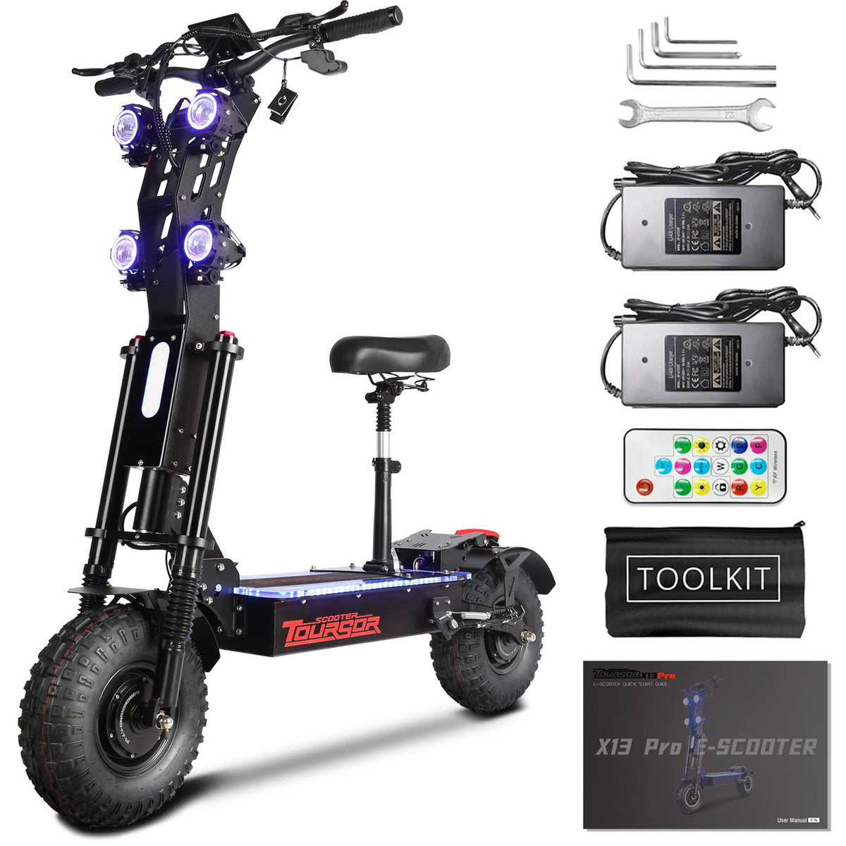 TOURSOR X14-60V Electric Scooter Dual Drive 60V 50AH 10,000W Motor 65 MPH Speed 70 Mile Range with 13" Off-Road Tires