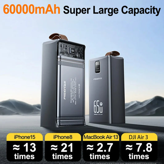 PISEN 60000mAh Large Capacity Power Bank PD3.0 65W Fast Charging Powerbank With Outdoor Camping Lamp For iPhone Laptops MacBook