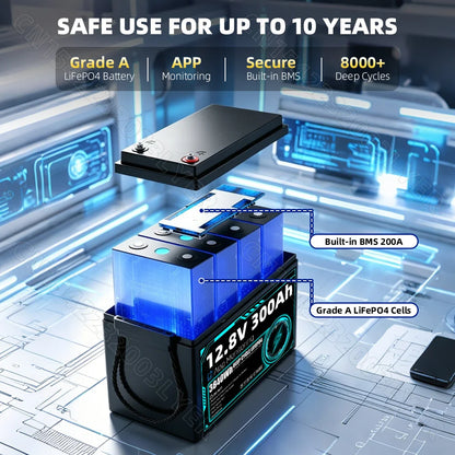 8000+ Cycles 12V 300Ah LiFePO4 Battery Grade A Builtin BT BMS 12.8V US Stock DIY 24V 48V For RV EV Golf Cart Solar Camping Yacht