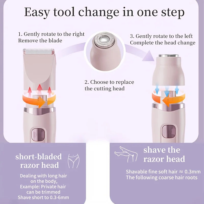 Women's Bikini Trimmer, Women's Electric Shaver, Replaceable Heads, Facial and Intimate Hair Trimmer, USB Rechargeable, LED Power Display, with Base, Travel Cordless Body Shaver, Suitable for Face/Legs/Underarms, Women's Gift