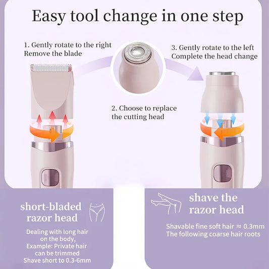 Women's Bikini Trimmer, Women's Electric Shaver, Replaceable Heads, Facial and Intimate Hair Trimmer, USB Rechargeable, LED Power Display, with Base, Travel Cordless Body Shaver, Suitable for Face/Legs/Underarms, Women's Gift