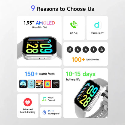 VS30 PRO Smartwatch, 1.93-Inch AMOLED Display, Bluetooth Calling, Multiple Sports Modes, Health Monitoring, 1ATM Waterproof, Cus