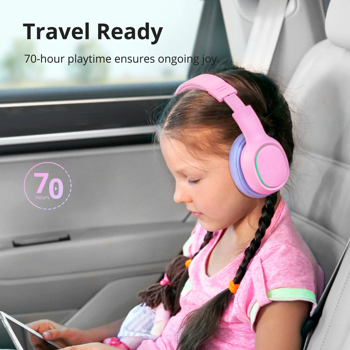 Tronsmart KH03 Active Noise Cancelling Kids Headphones, Foldable Bluetooth Headset with HD Mic for Class Clarity, Soft Protein Earpads, 7-Color LED, Safe Volume Limit, 70H Battery for Travel/Study