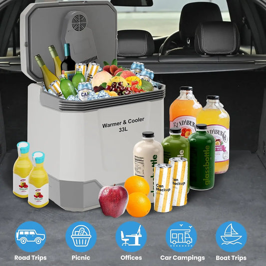 35 QT (33 L) Electric Cooler Warmer, 12V Portable Car Refrigerator, Plug In Cooler with Locking Handle, 110V for Cars, Trucks, RVs & Home, Grey