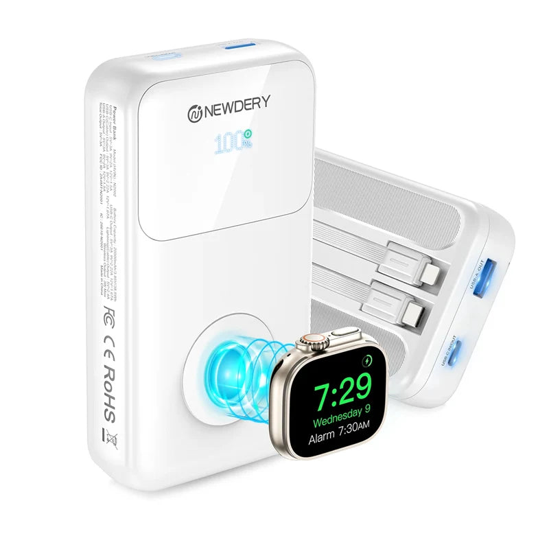 NEWDERY Portable Charger 10000mAh Power Bank for Apple Watch 20W Fast Charging Built-in USB-C Cable Battery Pack for Apple Watch, iPhone 17 16 15 14 13, Samsung etc