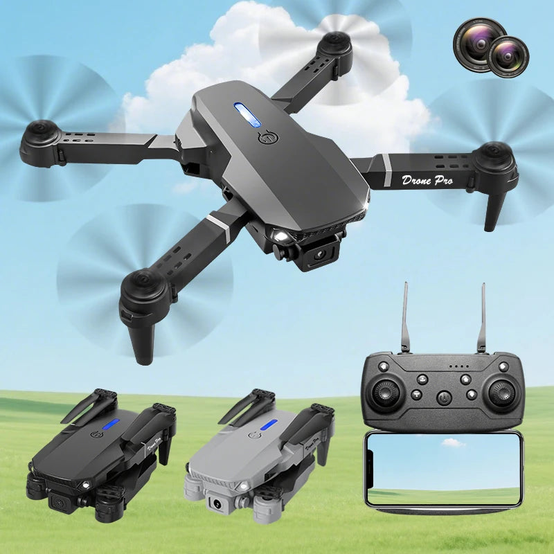 FACEGLE upgraded E88 dual camera drone, dual cameras, fixed altitude hover, smoother flight, one click stunt roll, headless mode, LED lights, protective frame, one click control, suitable for beginners, foldable quadcopter, b