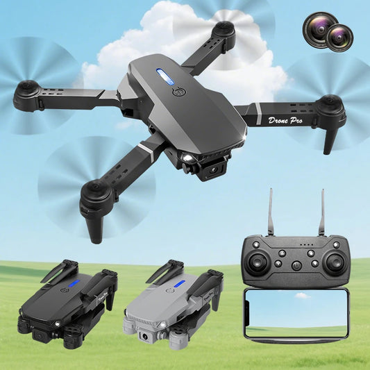 FACEGLE upgraded E88 dual camera drone, dual cameras, fixed altitude hover, smoother flight, one click stunt roll, headless mode, LED lights, protective frame, one click control, suitable for beginners, foldable quadcopter, b