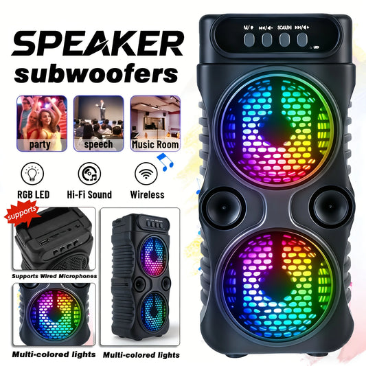 Portable wireless Bluetooth speaker with  multi-mode colorful lights. Supports TF card, USB Type-C port and FM radio. Suitable for parties, outdoor camping, square dancing and other occasions. A lovely gift.
