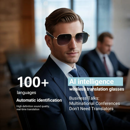 AI Translation Glasses, wireless smart glasses, support for over 100 languages, blue light-blocking lenses, built-in microphone/speaker, open-ear music and high-definition calls, photo capture control, USB magnetic charging,
