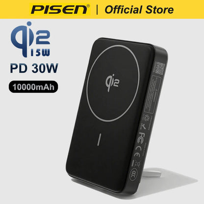 PISEN PD 30W Qi2 15W Wireless Magnetic Power Bank 10000mAh With Stand Fast Charging Powerbank For MagSafe iPhone 17 16 15 14