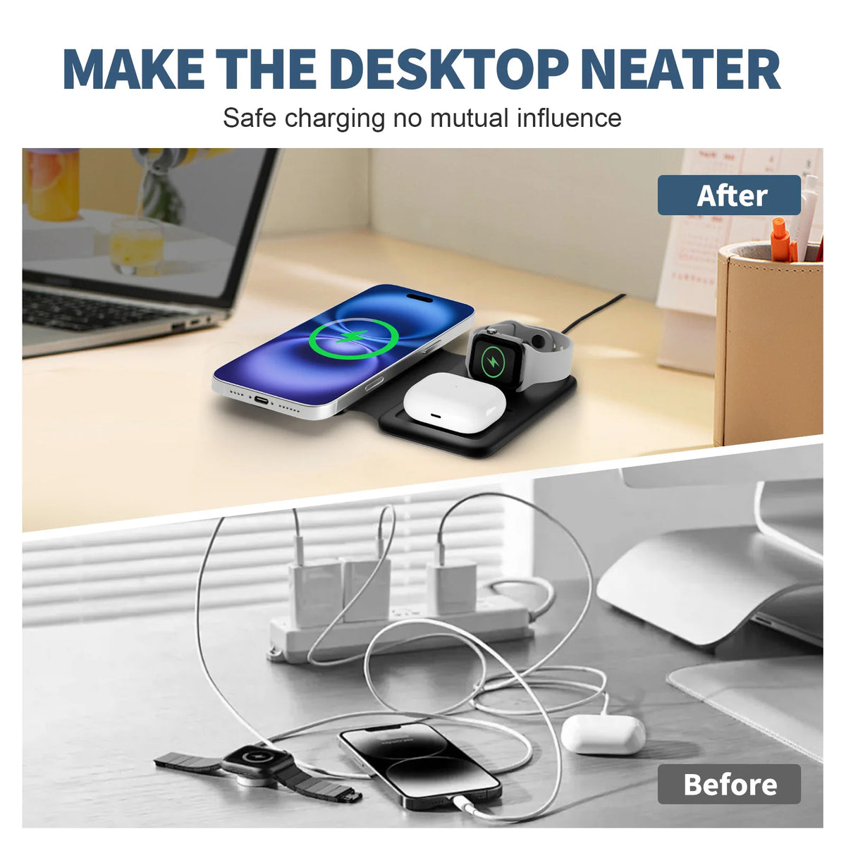 Foldable 3-in-1 15W Wireless Charger Station Magnetic Phone Charge Dock Fast Charging for Apple Watch iPhone 17 16 pro - Travel