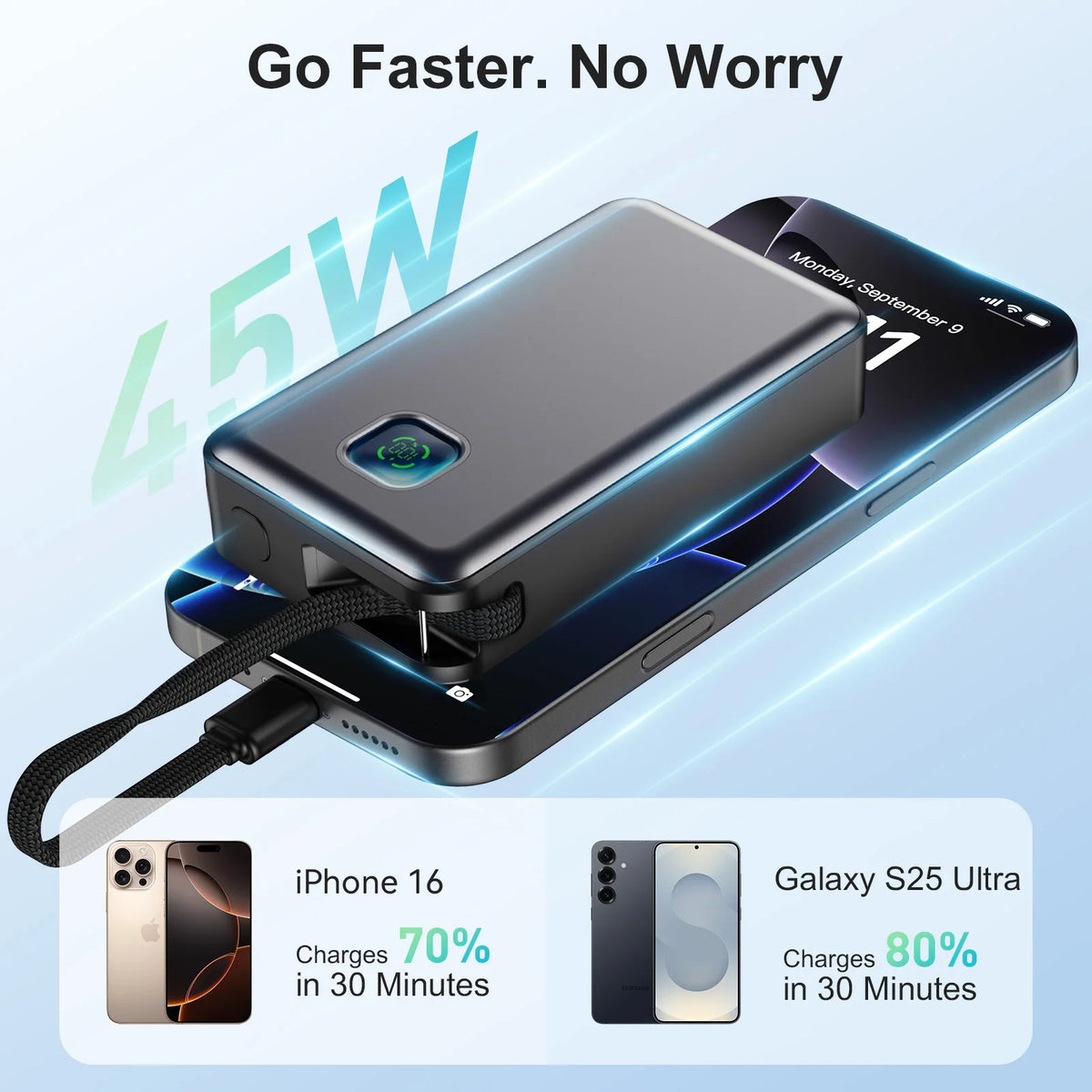 JINVAL 20000mAh PD45W Power Bank LED Display Fast Charging Portable Charger 3-port Output Built-in Cable For iPhone 17 Samsung