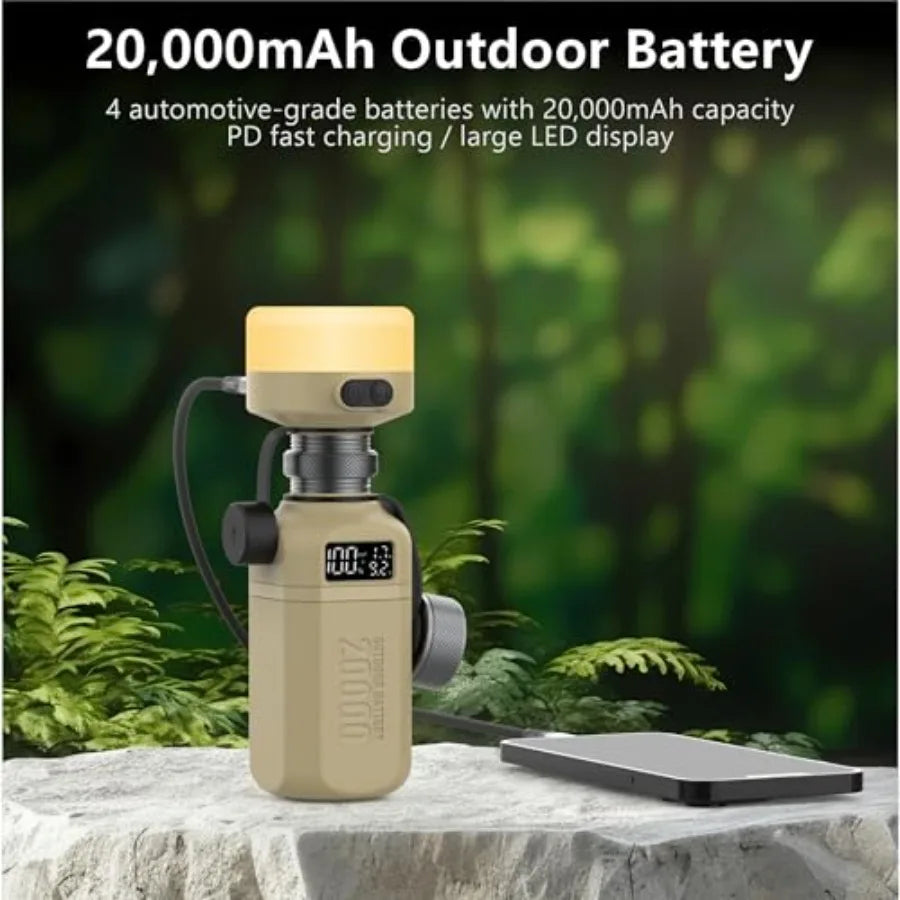20000mAh Rugged Power Bank with Fast Charge USB-C PD IP68 Waterproof Shockproof Includes 420lm Bright Camping Lantern Tactical