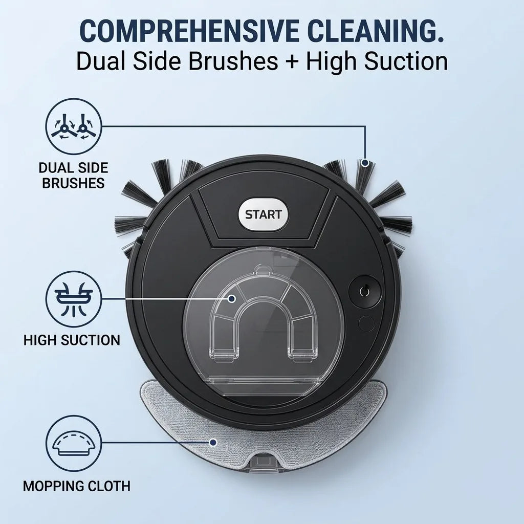Robot Vacuum Cleaner, 3-in-1 Sweeping Mopping Suction, 7.1cm Ultra-Thin Automatic Smart Floor Cleaner, USB Rechargeable, Low Noise, Dual Side Brushes for Pet Hair, Hardwood Floors and Home Office
