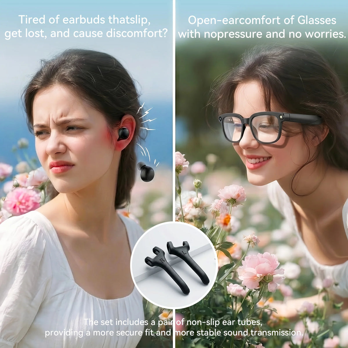 Smart camera glasses, 8-megapixel HD video recording glasses (with audio), Bluetooth-enabled photo-sensitive color-changing lenses, real-time translation, voice assistant, object recognition, and hands-free music and calls.