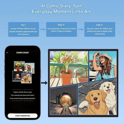AI Smart Glasses with ChatGPT Real-Time Translation 1300W Camera AI Comic Diary Generator 40g Ultra-Light Long Battery Life