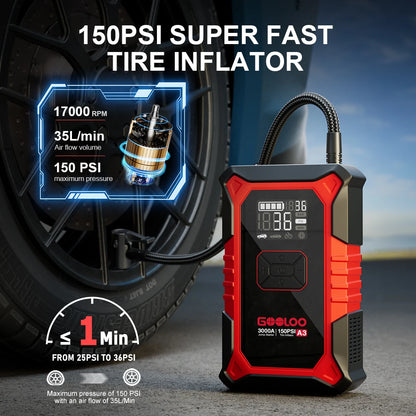 GOOLOO A3 Jump Starter with Air Compressor, 3000A Portable Car Battery Booster (9.0 Gas/6.5L Diesel) with 150PSI Auto-Shutoff Ti