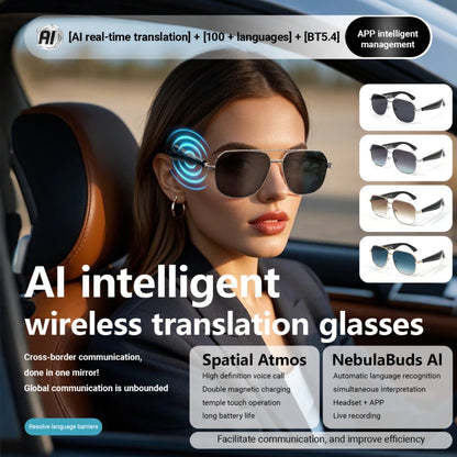 AI Translation Glasses, wireless smart glasses, support for over 100 languages, blue light-blocking lenses, built-in microphone/speaker, open-ear music and high-definition calls, photo capture control, USB magnetic charging,