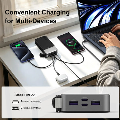JUOVI Portable Charger, 65W 20000mAh Laptop Power Bank Fast Charging with Attached USB C Cable Powerbank for Laptop, for MacBook iPhone 17 16 Pro Samsung S26 and More
