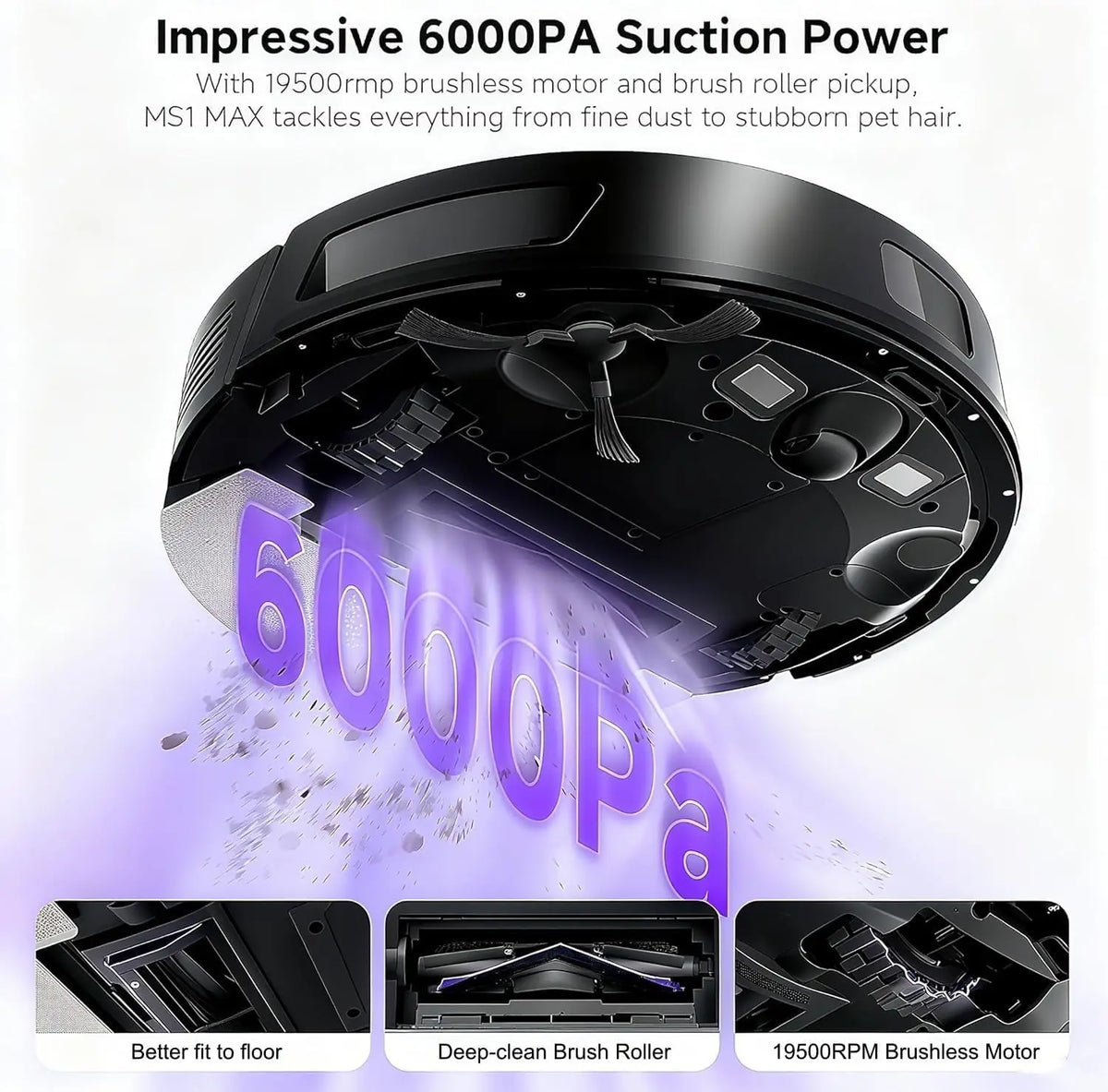 Refurbished MONSGA By Erabros MS1 MAX Robot Vacuum and Mop Combo, 6000Pa Strong Suction, 3.5L Self-Emptying Station, LDS Navigation Smart Mapping, 180 Mins Runtime, App/Voice/Remote Control, for Pet Hair Hard Floors Carpets (