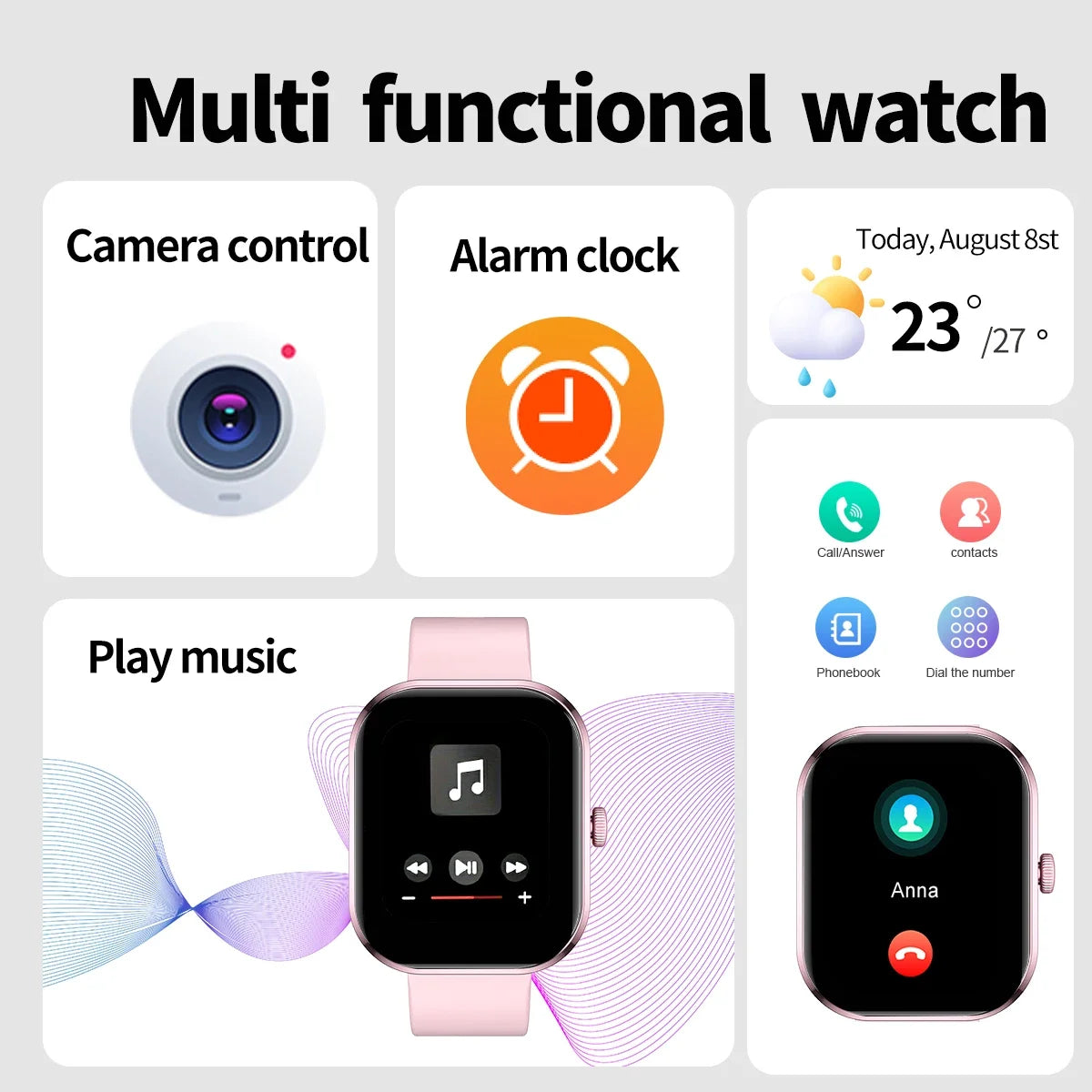 2026 Smart Watch with Wireless Calling, Weather Forecast & Sports Mode, DIY Wallpaper SMS Alerts Silicone Strap for Men Women