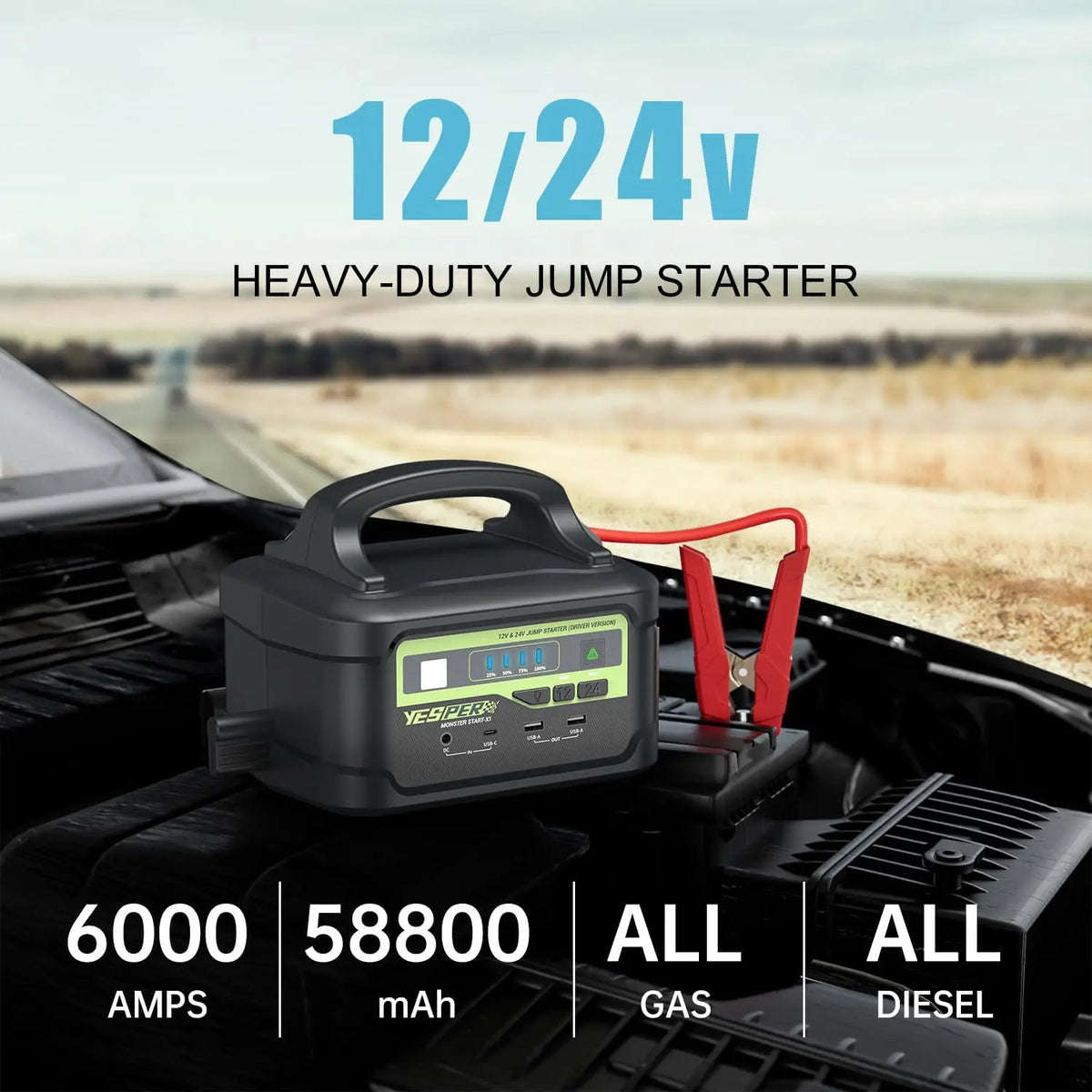 YESPER 6000A Peak 12V/24V Heavy Duty Truck Jump Starter, 58800mAh Portable Power Station, Car Battery Booster Jump Box
