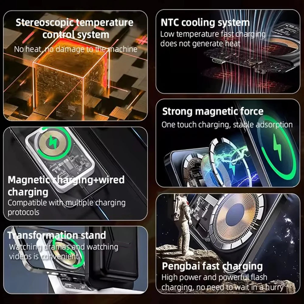 Clear Circuit Board Magnetic Power Bank Qi2 15W Wireless Charging 20W Portable Wired Charge 10000mAh Large Capacity PD 22.5W Type C Cable Bidirectional Fast Charging Phone Holder Powerbank For Iphone 17 16 15 Pro Max Magsafe