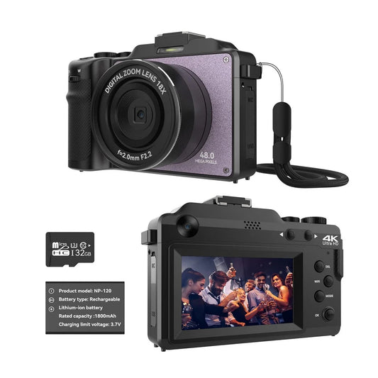 48MP Camera for Photography,4K Digital Camera for Kids and Adults with Front and Rear Dual Cameras,18X Digital Zoom,Built-in 7 C