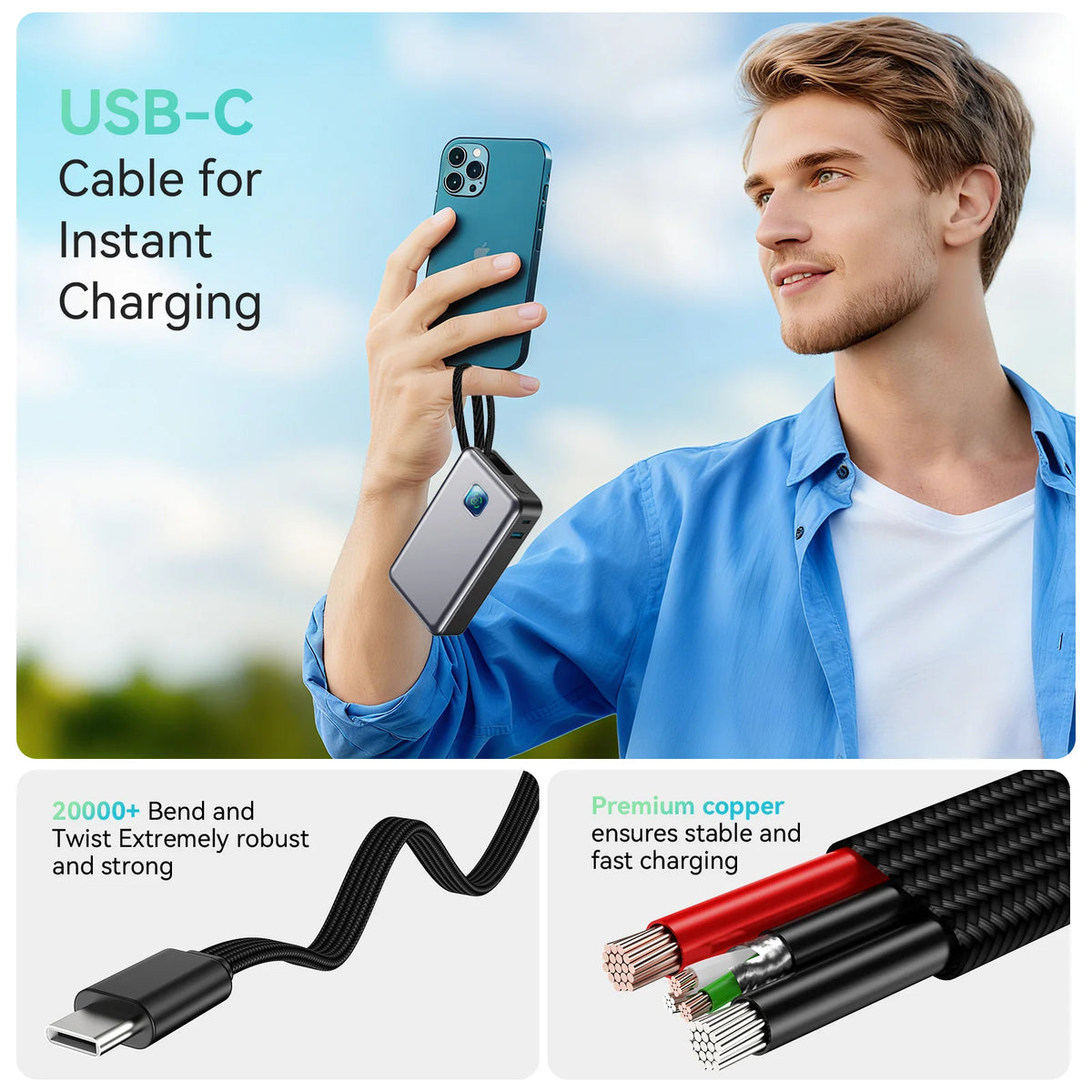JINVAL 20000mAh PD45W Power Bank LED Display Fast Charging Portable Charger 3-port Output Built-in Cable For iPhone 17 Samsung