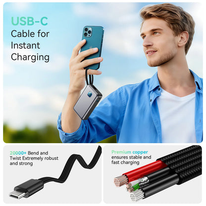 JINVAL 20000mAh PD45W Power Bank LED Display Fast Charging Portable Charger 3-port Output Built-in Cable For iPhone 17 Samsung