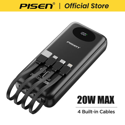 PISEN Power Bank 10000mAh 20W Fast Charging Powerbank With 4 Built-in Cables Smart LED Display For iPhone Samsung Xiaomi iPad Huawei