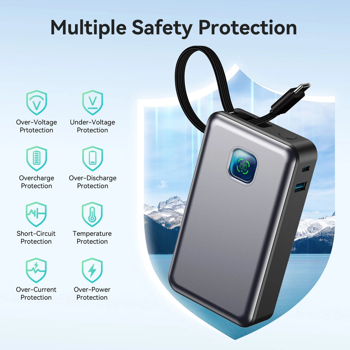 JINVAL 20000mAh PD45W Power Bank LED Display Fast Charging Portable Charger 3-port Output Built-in Cable For iPhone 17 Samsung