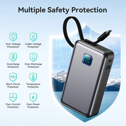 JINVAL 20000mAh PD45W Power Bank LED Display Fast Charging Portable Charger 3-port Output Built-in Cable For iPhone 17 Samsung