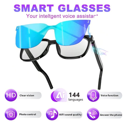 AI smart glasses with built-in translation for over 100 languages; transparent, blue-light-blocking, wireless ; magnetic clip-on ; translation controlled via an app; built-in speakers; 360 °   stereo sound